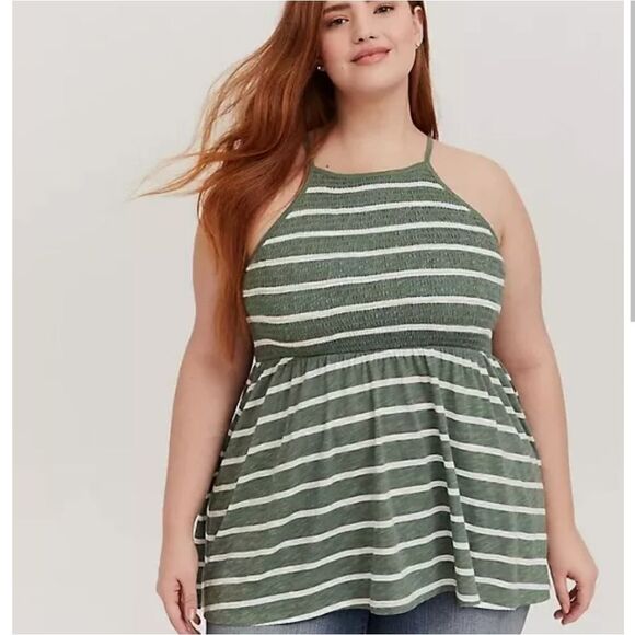 Torrid Smocked Babydoll Top. Green & White 1X - Picture 1 of 10